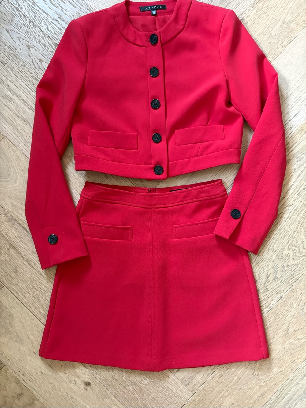Dynamite Bold Red Cropped Jacket with Matching Mini Skirt